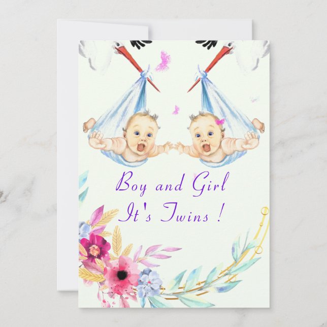 Inbjudan till twillingar Boy and Girl Stork Baby S (Baksida)