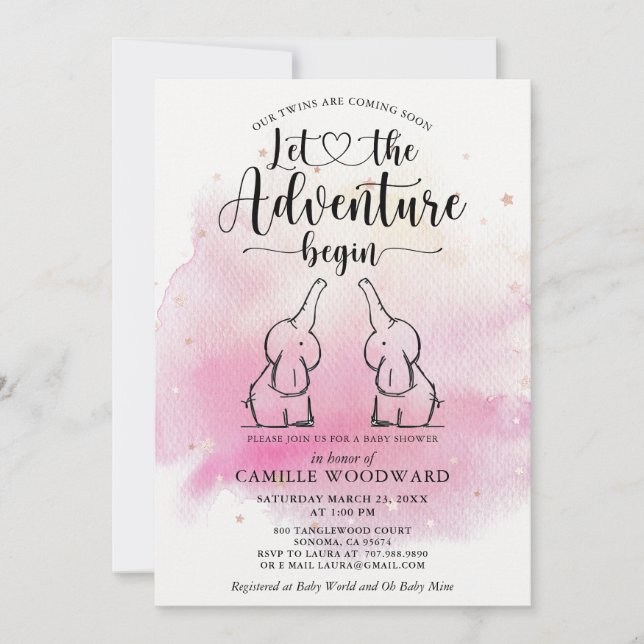 Inbjudan till twillingar Elefants Baby Shower (Framsida)