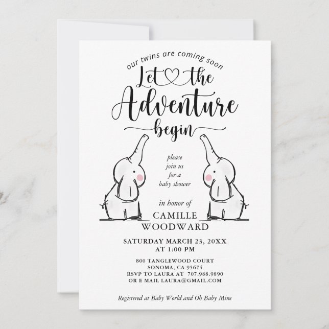 Inbjudan till twillingar Elefants Baby Shower (Framsida)