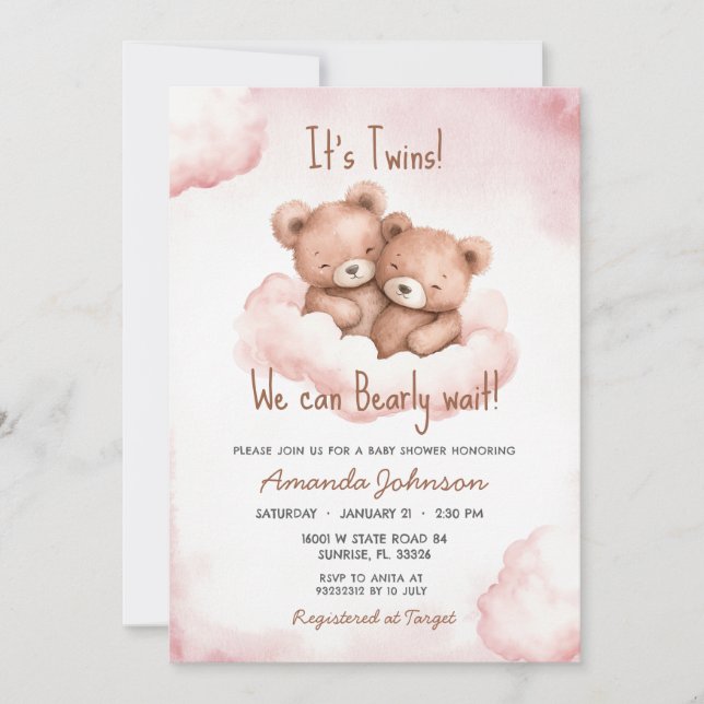 Inbjudan till twillingar Rosa Bear Baby Shower (Framsida)