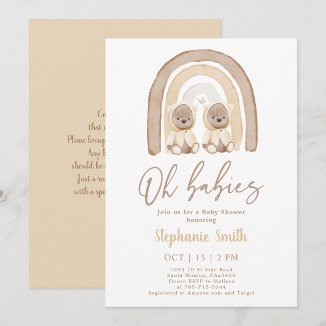 Inbjudan till twillingarnas Nalle Regnbåge babyvy (Fram/baksida)