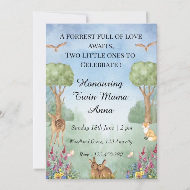 Inbjudan till Twin Baby Shower Woodland (Framsida)