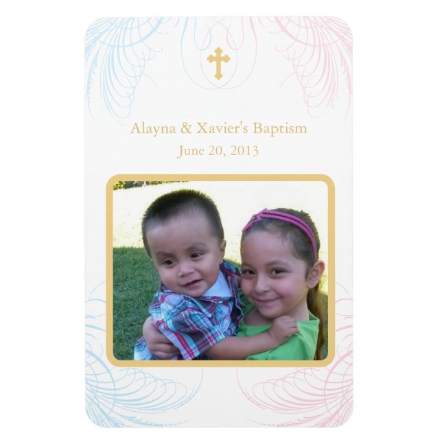 Inbjudan till Twin Boy & Girl Photo Baptismal Magn Magnet (Vertikal)