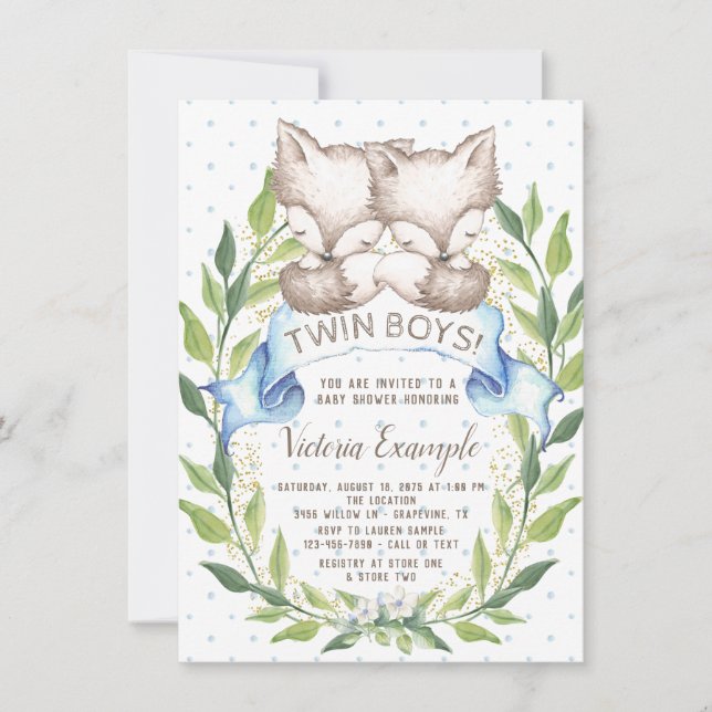 Inbjudan till Twin Boy Woodland Fox Baby Shower (Framsida)