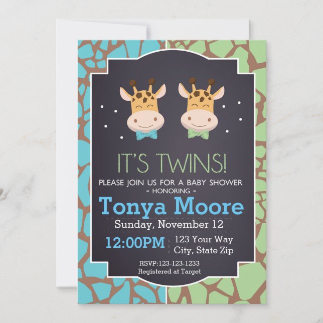 Inbjudan till Twin Boys Giraffe Baby Shower (Framsida)