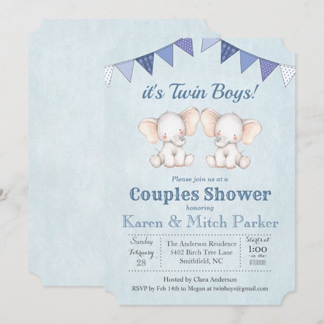 Inbjudan till TWIN Elephant Baby Shower (Fram/baksida)