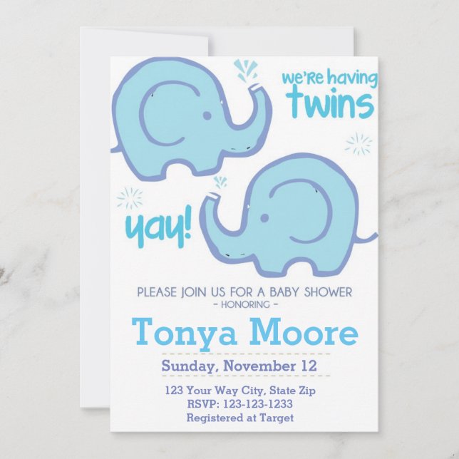 Inbjudan till Twin Elephant Baby Shower (pojkar) (Framsida)