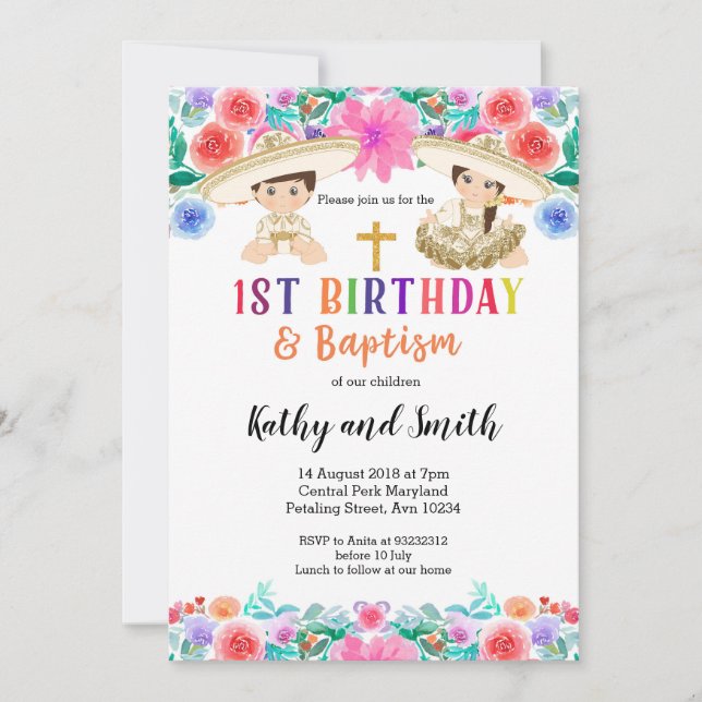 Inbjudan till Twin Fiesta Birthday och Baptism (Framsida)