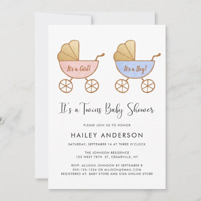 Inbjudan till Twin Girl Boy Watercolor Baby Shower (Framsida)