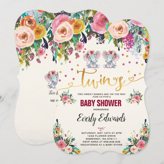 Inbjudan till Twin Girl Elephant Baby Shower (Fram/baksida)