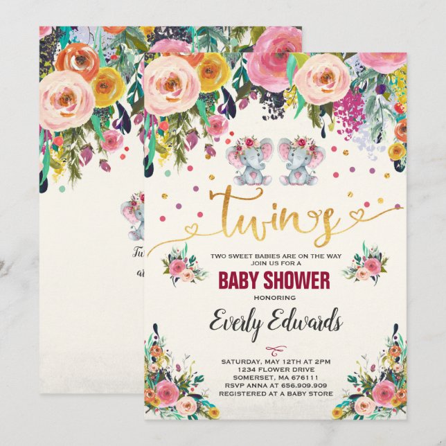 Inbjudan till Twin Girl Elephant Baby Shower (Fram/baksida)