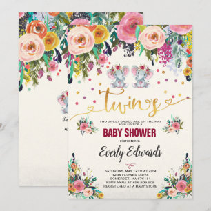 Inbjudan till Twin Girl Elephant Baby Shower