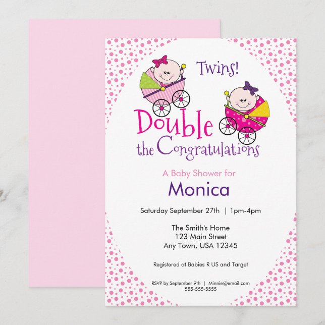 Inbjudan till Twin Girl Shower (Fram/baksida)