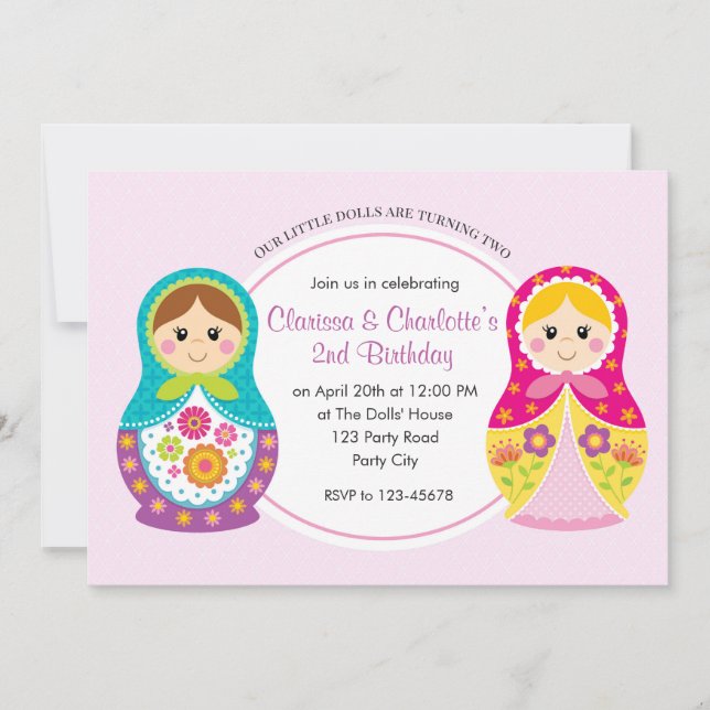 Inbjudan till Twin Girls födelsedag (Matryoshka) (Framsida)