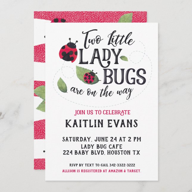 Inbjudan till Twin Ladybug Baby Shower (Fram/baksida)
