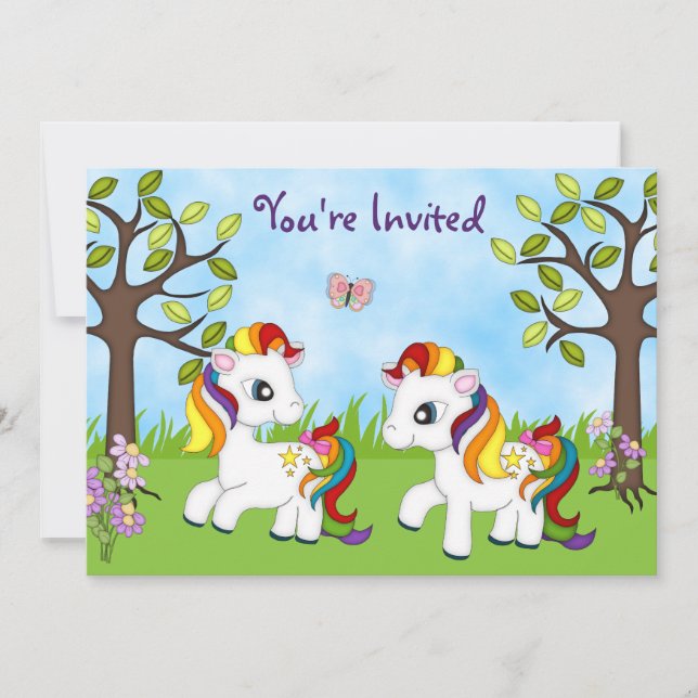 Inbjudan till Twin Rainbow Ponies Horse Birthday (Framsida)