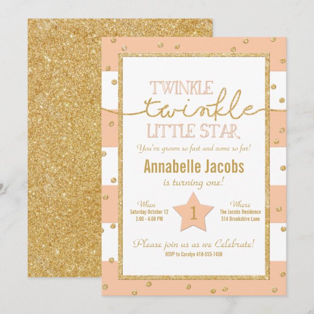 Inbjudan till Twinkle Coral och Guld på födelsedag (Fram/baksida)
