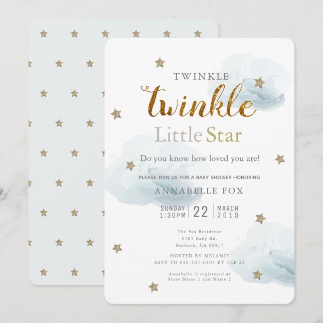 Inbjudan till Twinkle Little Star & Cloud Baby Sho (Fram/baksida)
