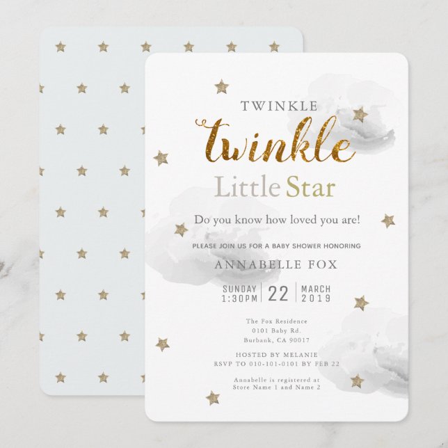 Inbjudan till Twinkle Little Star & Cloud Baby Sho (Fram/baksida)