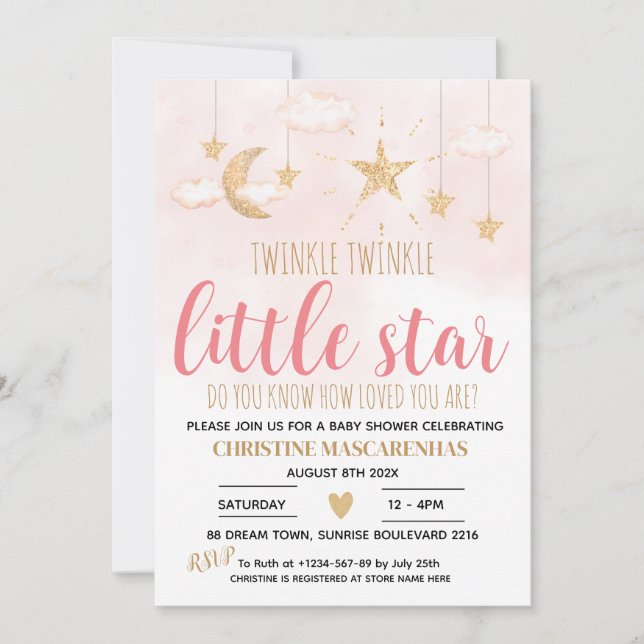 Inbjudan till Twinkle Little Star Rosa Shower Twin (Framsida)