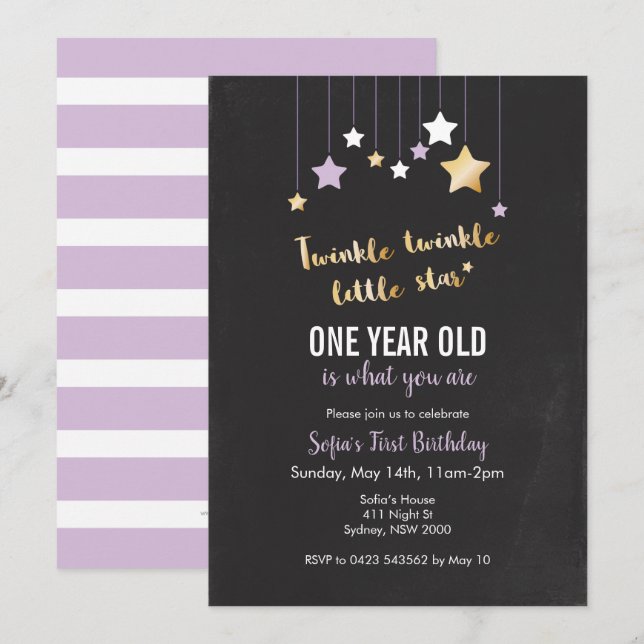 Inbjudan till Twinkle Twinkle Birthday (Fram/baksida)