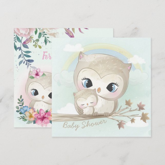 Inbjudan till uggla Baby Shower (Fram/baksida)