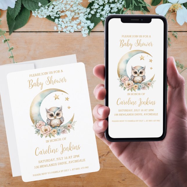 Inbjudan till Uggla-babydusch för Cute Watercolor- (Available in print and digital options!)
