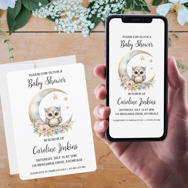 Inbjudan till Uggla-babydusch för Cute Watercolor- (Available in print and digital options!)