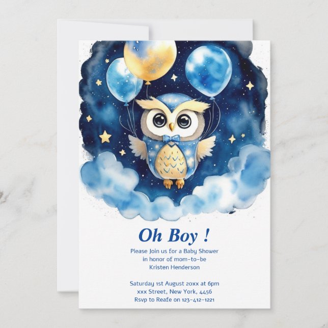 Inbjudan till uggla Boy Baby Shower (Framsida)