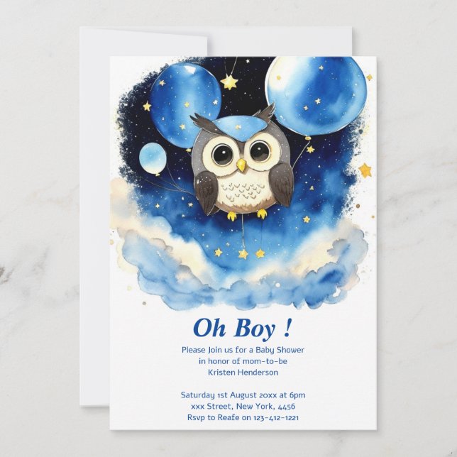 Inbjudan till uggla Boy Baby Shower (Framsida)
