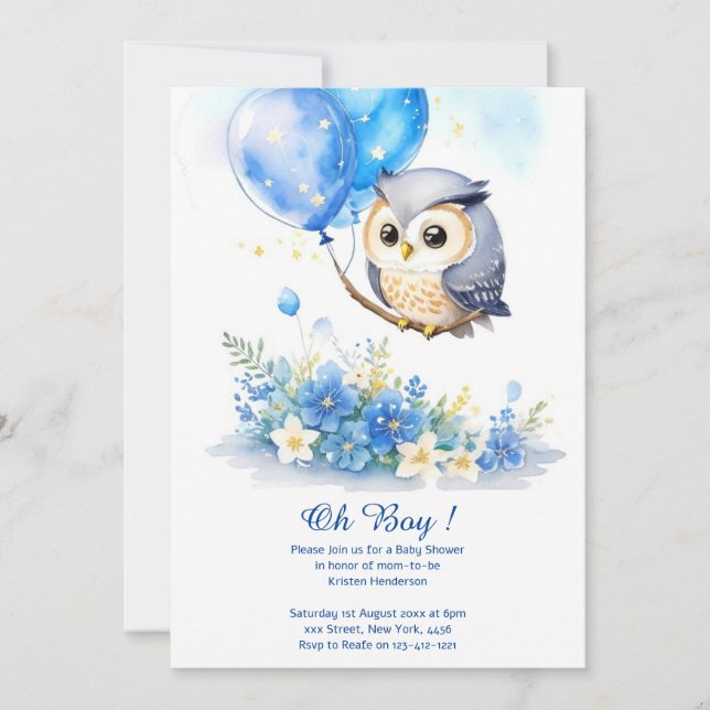 Inbjudan till Uggla Boy Baby Shower för vattenfärg (Framsida)