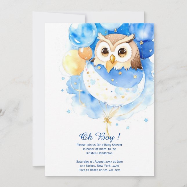 Inbjudan till Uggla Boy Baby Shower för vattenfärg (Framsida)
