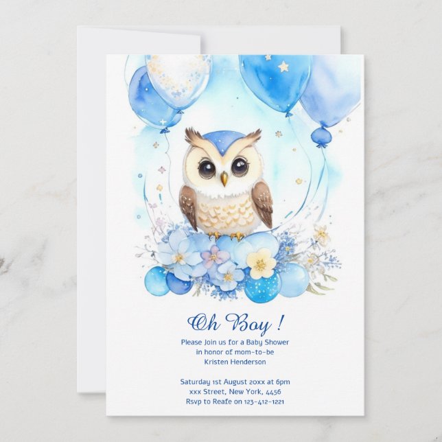 Inbjudan till Uggla Boy Baby Shower för vattenfärg (Framsida)