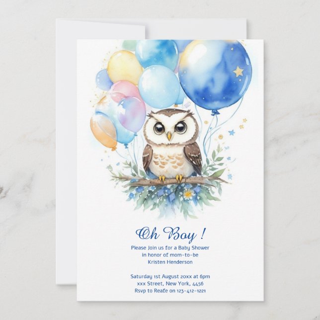 Inbjudan till Uggla Boy Baby Shower för vattenfärg (Framsida)