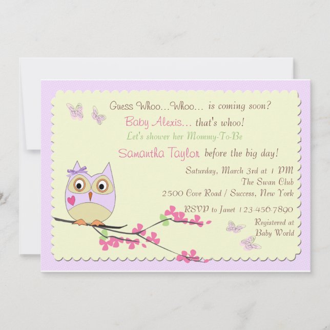 Inbjudan till uggla och Butterflies Baby Shower (Framsida)