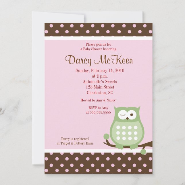 Inbjudan till Uggla Rosa & Brown Dot Baby Shower (Framsida)