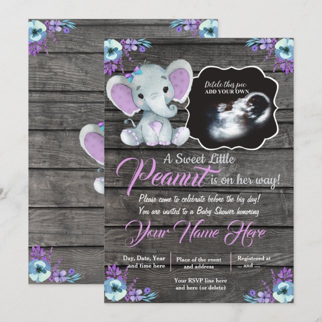 Inbjudan till ultraljud elefant-babyskor, rustik (Fram/baksida)