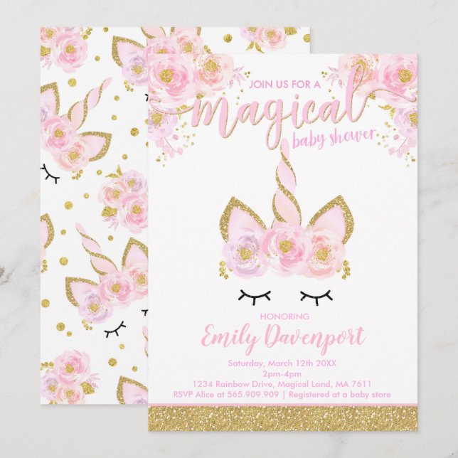 Inbjudan till Unicorn Baby Shower (Fram/baksida)