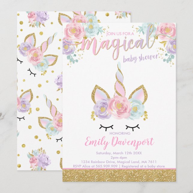 Inbjudan till Unicorn Baby Shower (Fram/baksida)