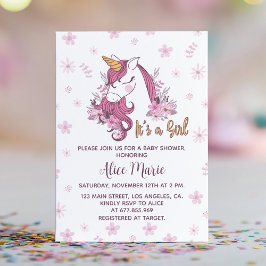 Inbjudan till Unicorn Baby Shower Girl Blommigt Ro