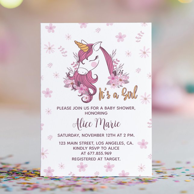 Inbjudan till Unicorn Baby Shower Girl Blommigt Ro (Skapare uppladdad)