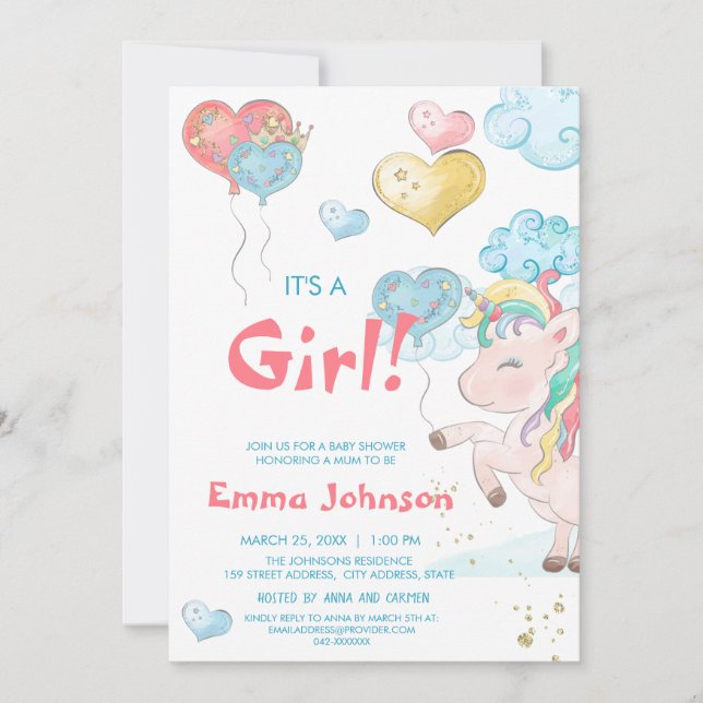 Inbjudan till Unicorn BabyShower Flicka-visningspr (Framsida)