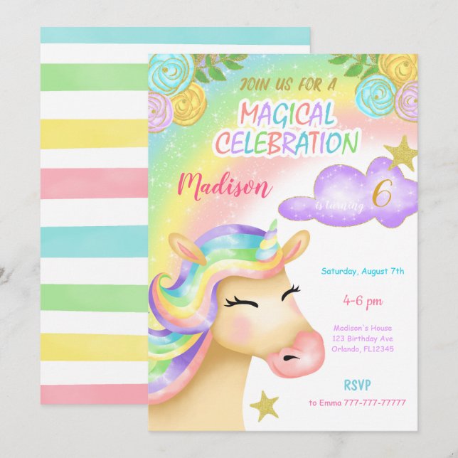 Inbjudan till Unicorn Barns födelsedag (Fram/baksida)