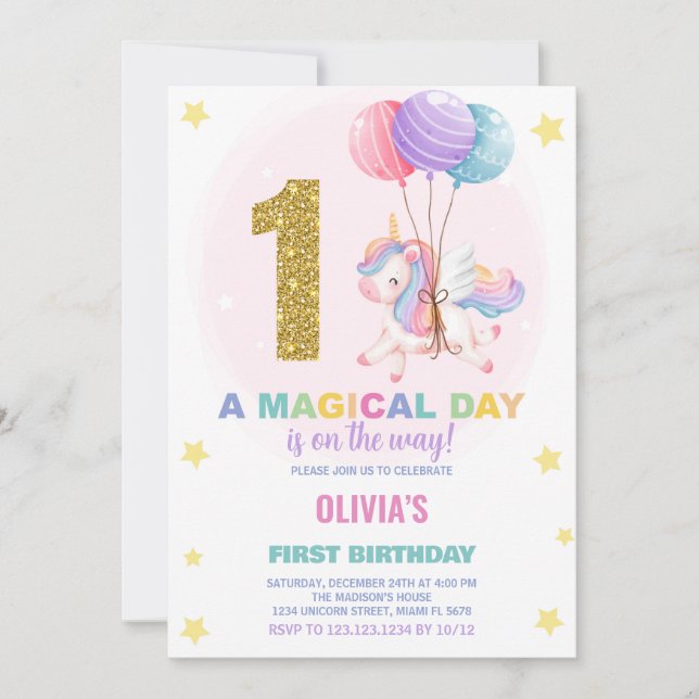 Inbjudan till Unicorn Birthday första födelsedag (Framsida)