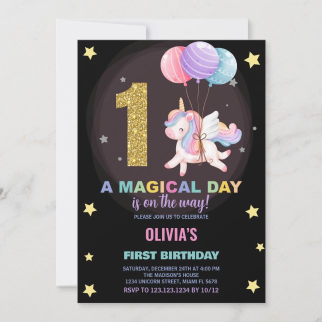 Inbjudan till Unicorn Birthday första födelsedag (Framsida)