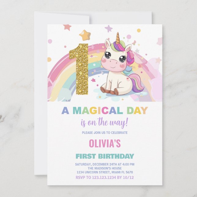 Inbjudan till Unicorn Birthday första födelsedag (Framsida)