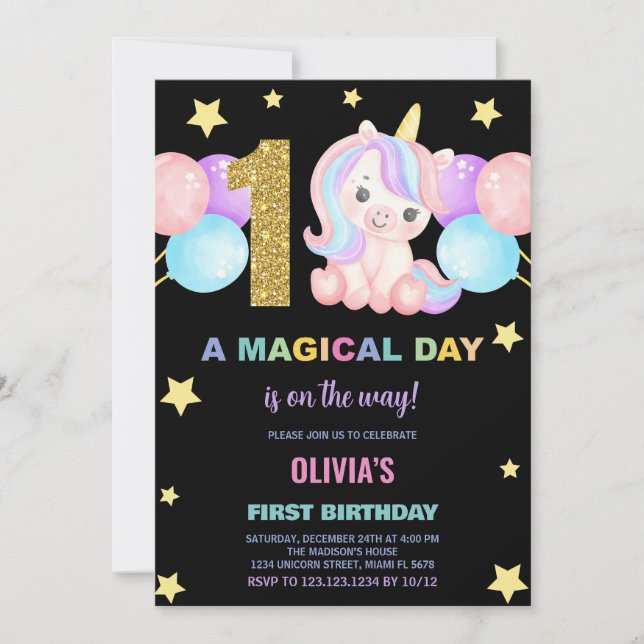 Inbjudan till Unicorn Birthday första födelsedag (Framsida)