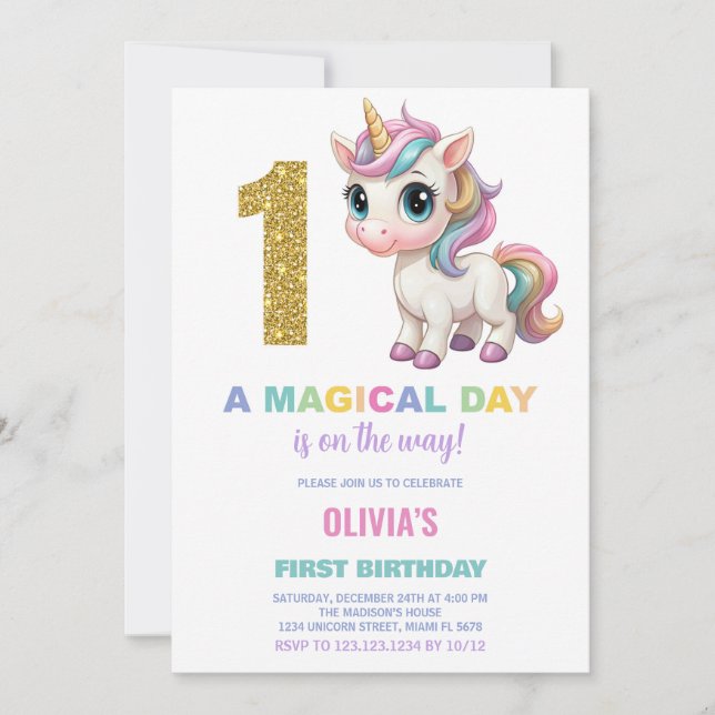 Inbjudan till Unicorn Birthday första födelsedag (Framsida)