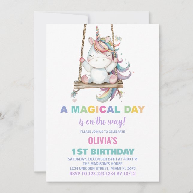 Inbjudan till Unicorn Birthday första födelsedag (Framsida)