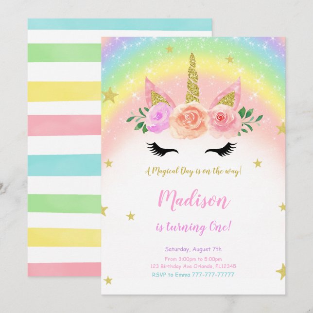 Inbjudan till Unicorn Birthday Magic Party (Fram/baksida)